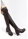 767-3010 Kahve Streç Günlük Kalın Topuklu Kadın Çizme