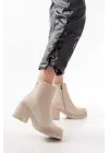 Bej Fermuarlı Kalın Topuklu Günlük Kadın Bot