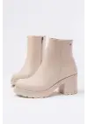 Bej Fermuarlı Kalın Topuklu Günlük Kadın Bot
