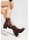 767-3020 Bordo Fermuarlı Kalın Topuklu Günlük Kadın Bot