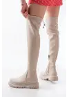 Bej Fermuarlı Diz Üstü Bağcıklı Çorap Günlük Kadın Çizme