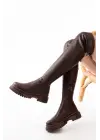 812-2194 Kahverengi Fermuarlı Diz Üstü Bağcıklı Çorap Günlük Kadın Çizme