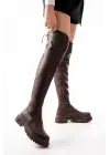 Kahverengi Fermuarlı Diz Üstü Bağcıklı Çorap Günlük Kadın Çizme