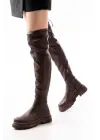Kahverengi Fermuarlı Diz Üstü Bağcıklı Çorap Günlük Kadın Çizme