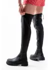 Siyah Fermuarlı Diz Üstü Bağcıklı Çorap Günlük Kadın Çizme