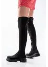 Siyah Süet Fermuarlı Diz Üstü Bağcıklı Çorap Günlük Kadın Çizme