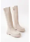 Bej Arkası Streç Fermuarlı Günlük Kadın Çizme