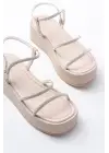 861-1008 Bej Gümüş Taşlı Dolgu Topuklu Kadın Sandalet