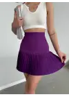 Altı Pliseli Mini Etek Mor S24705