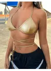 Altın Sarısı Deri Görünümlü Çapraz İpli Bikini Üstü – Bağlamalı, Seksi Ve Parlak