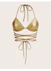 Altın Sarısı Deri Görünümlü Çapraz İpli Bikini Üstü – Bağlamalı, Seksi Ve Parlak