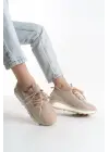 Alya Bağcıklı Ortopedik Taban Taşlı Kadın Sneaker Spor Ayakkabı Bt - Krem