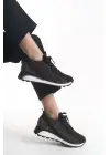 Alya Bağcıklı Ortopedik Taban Taşlı Kadın Sneaker Spor Ayakkabı Bt - Siyah