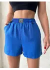 Armalı Keten Şort Saks Mavisi S251003