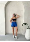 Armalı Keten Şort Saks Mavisi S251003