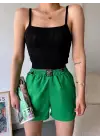 Armalı Keten Şort Yeşil S251003