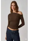 Asimetrik Yaka Bluz Kahve Pt