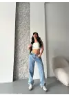 Baggy Kar Yıkama Orta Mavi Jeans Pantolon D2007