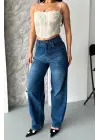Baggy Süper Taş Bıyık Yıkama Koyu Mavi Jeans Pantolon D2007