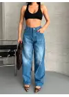 Baggy Süper Taş Bıyık Yıkama Mavi Jeans Pantolon D2007