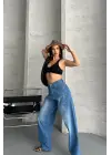 Baggy Süper Taş Bıyık Yıkama Mavi Jeans Pantolon D2007