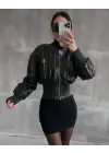 Beli Büzgülü Crop Deri Ceket Siyah