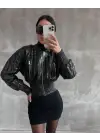 Beli Büzgülü Crop Deri Ceket Siyah