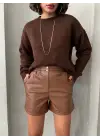 Beli Lastikli Çıtçıtlı Deri Şort Kahve W241007