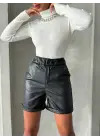 Beli Lastikli Duble Paça Deri Şort Siyah W24755