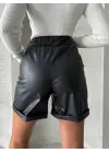 Beli Lastikli Duble Paça Deri Şort Siyah W24755