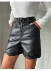 Beli Lastikli Duble Paça Deri Şort Siyah W24755