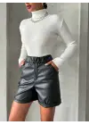 Beli Lastikli Duble Paça Deri Şort Siyah W24755