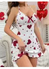 Beyaz Mini Gecelik – Askılı, Kırmızı Kalpli, Diz Üstü Kadın İç Giyim