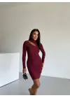 Boğazlı Gögüs Dekolteli Elbise Bordo F2333