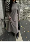 Boğazlı Kalın Bürümcük Uzun Elbise Vizon