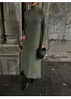 Boğazlı Kalın Bürümcük Uzun Elbise Yeşil