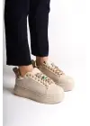 Brıanna Bağcıklı Ortopedik Taban Renkli Taş Dekorlu Kadın Sneaker Spor Ayakkabı  Ckt - Krem/altın