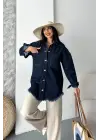 Cepli Püsküllü Kar Yıkama Kot Ceket Koyu Mavi D2515