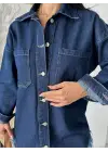 Cepli Püsküllü Kar Yıkama Kot Ceket Koyu Mavi D2515