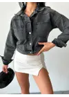 Çift Cepli Kol Katlamalı Süper Taş Enzim Yıkama Crop Kot Ceket Füme D2000