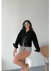 Çift Cepli Kol Katlamalı Süper Taş Enzim Yıkamalı Crop Kot Ceket Siyah D2000
