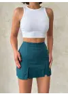 Çift Yırtmaçlı Atlas Şort Etek Petrol Yeşili S240364