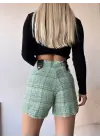 Çıtçıtlı Siyah Köprü Tüvit Şort Yeşil