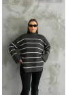 Çizgili İspanyol Kol Triko Boğazlı Kazak Antrasit Elf