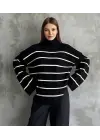 Çizgili İspanyol Kol Triko Boğazlı Kazak Siyah Elf