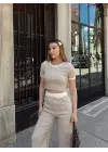 Crop Pantolon Biyeli Takım Bej