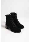 Dıana Bağcıklı Fermuarlı Ortopedik Taban Topuklu Süet Kadın Bot  St - Siyah