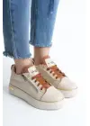 Dına Bağcıklı Fermuarlı Ortopedik Taban Kadın Sneaker Spor Ayakkabı  Kt - Krem/taba/altın