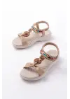 Bej Taşlı Arka Lastikli Günlük Kadın Sandalet