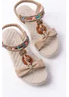 Bej Taşlı Arka Lastikli Günlük Kadın Sandalet